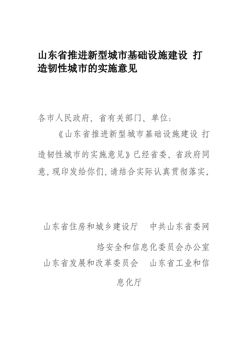 山东省推进新型城市基础设施建设 打造韧性城市的实施意见 第1页